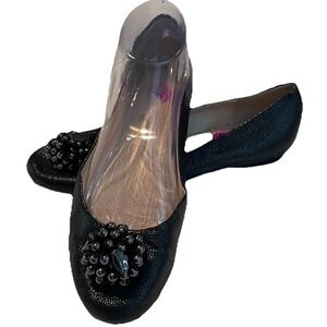 Calvin Klein Mackenzi Sparkle 8.5 Black Leather Beaded Ball Toe Ballet Flat EUC